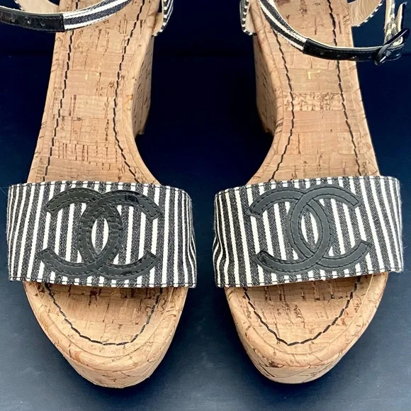 CHANEL Vintage Authentic Striped Fabric Platform Wedge Sandals w/ Cork Sole - Picture 8 of 15